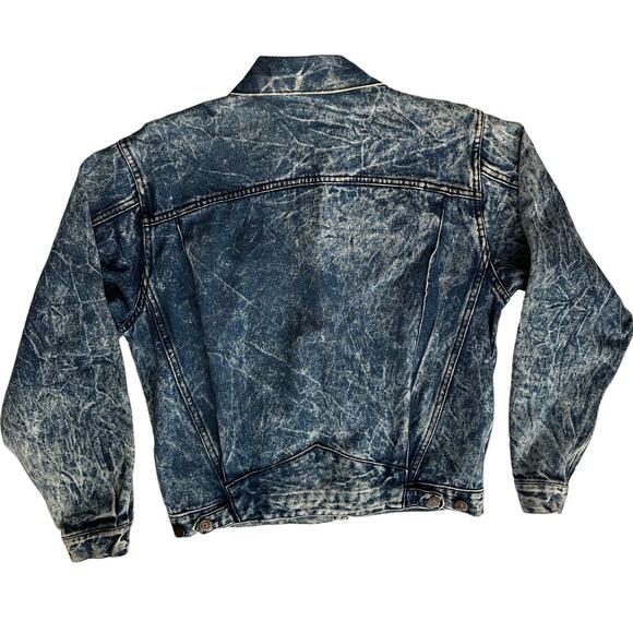Guess VTG 80s 90s Crinkle Acid Wash Pleated Back Trucker Jean Jacket L - Picture 2 of 11